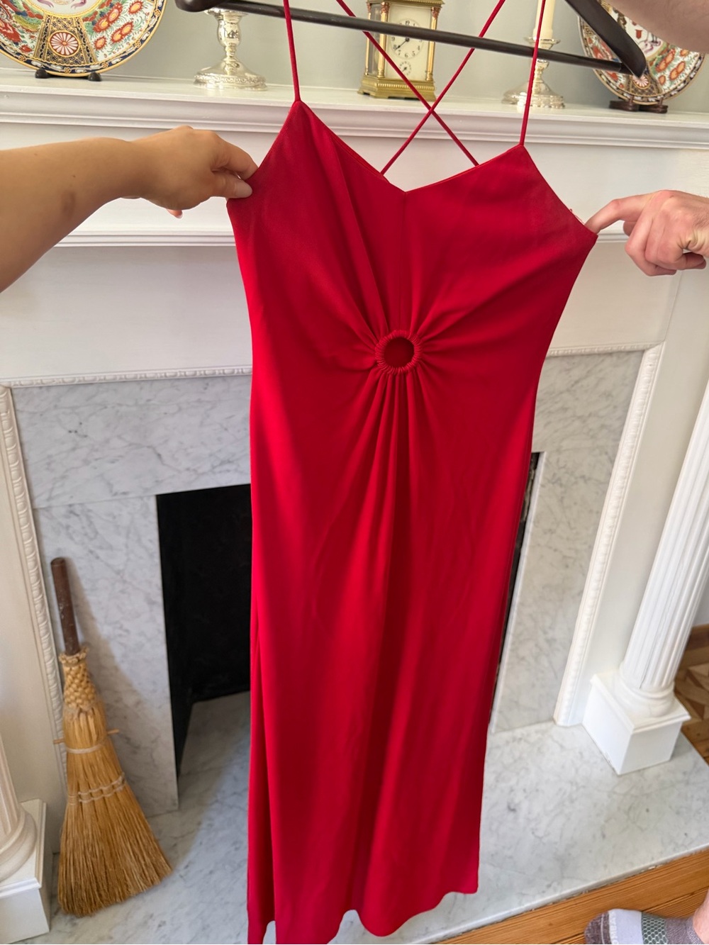 Rimini Red Strapless Midi Dress with Front Ring Detail